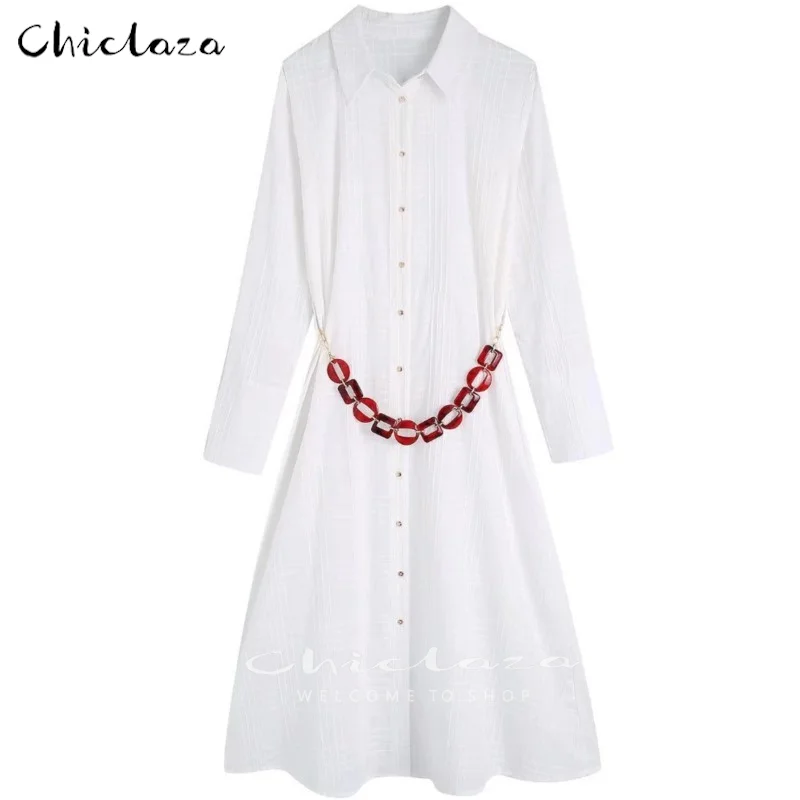 

CHICLAZA 2022 новое летнее платье-рубашка с длинным рукавом Женские повседневные платья с поясом и высокой талией