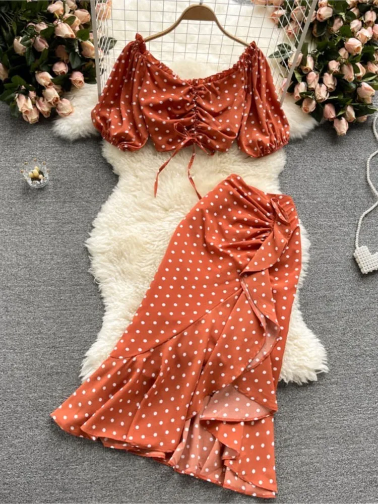 

Women 2022 Summer Elegant Skirt Set Female Sexy Backless Short Tops & High Waist Midi Skirt Two Piece Seits