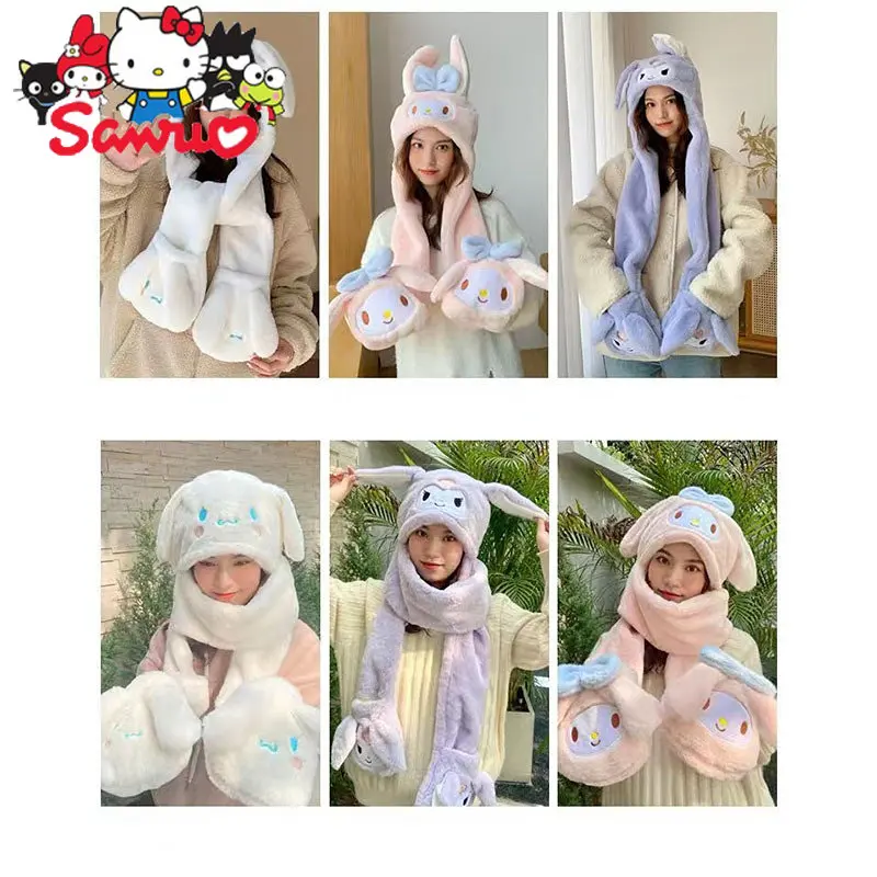 

Sanrio Melody Kuromi Cinnamoroll Hat Scarf All-in-one Three-piece Set Women's Winter Neck Gloves Hooded Hat with Moving Ears