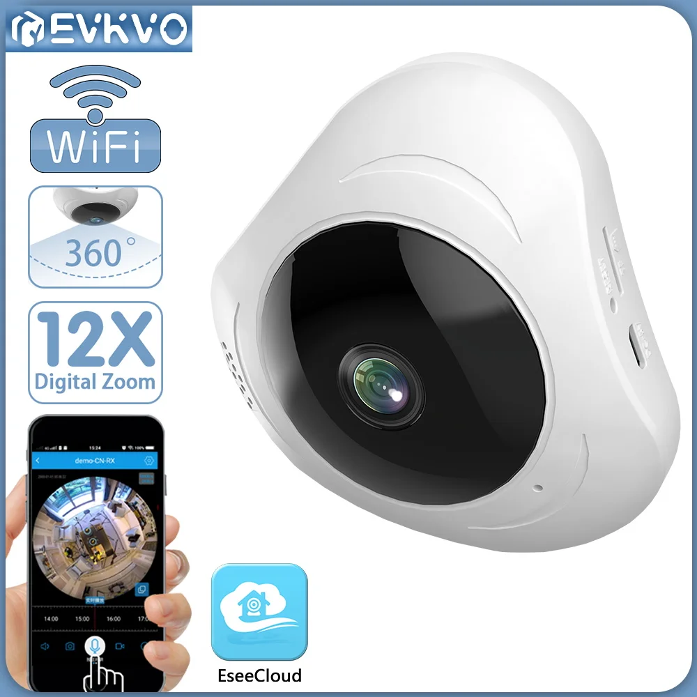 EVKVO 4MP WIFI Panoramic Camera 12X Zoom 360° Wide Angle Fisheye VR Surveillance Camera Motion Detection IR Night Vision Alexa