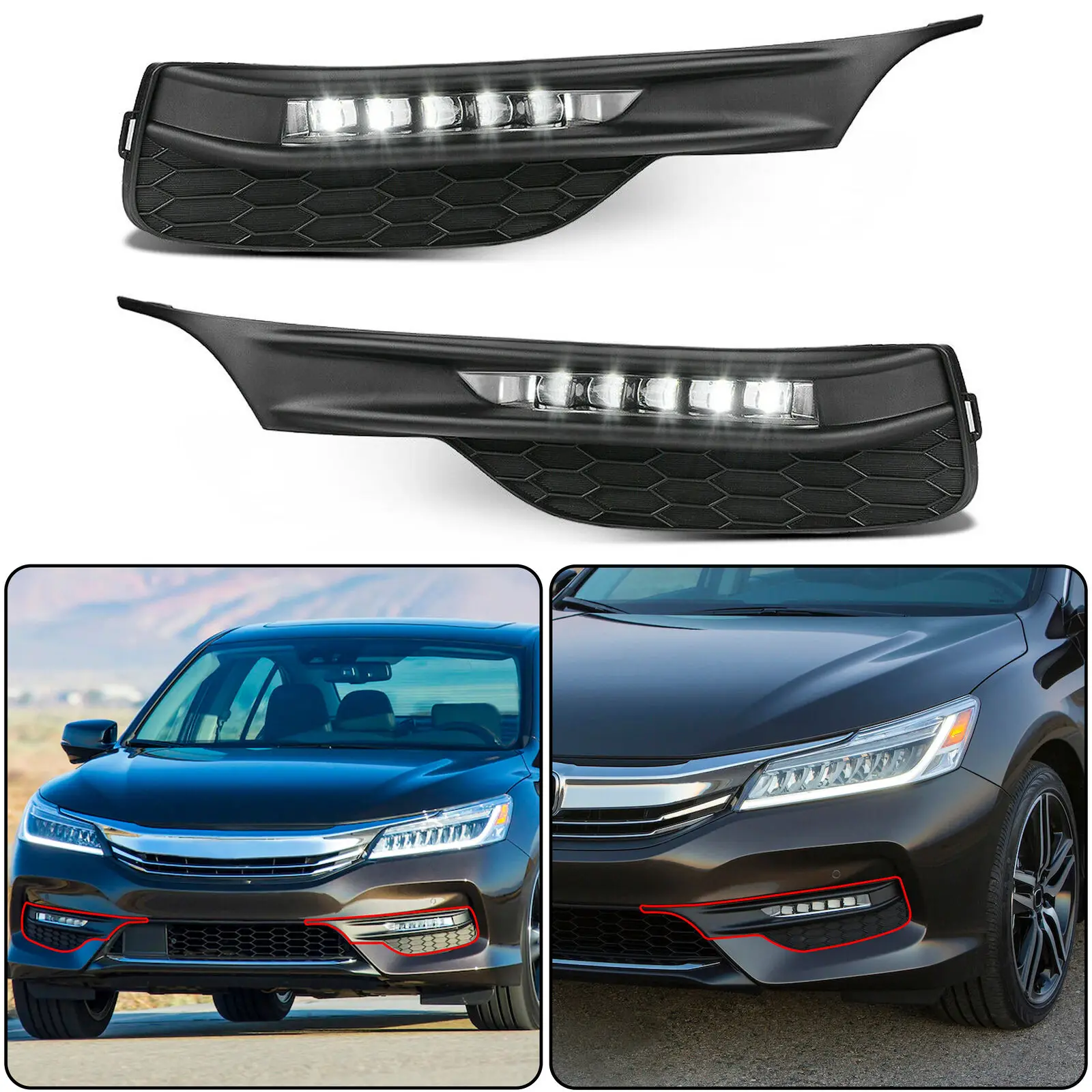 

For Honda 2016-2017 Accord Sedan 4Dr LED Fog Lights Kit With Bezel Switch Wires