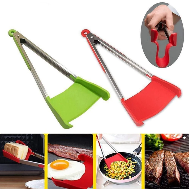 

2 in 1 Kitchen Spatula and Tongs Non-Stick Silicone Spatula Food Grade Heat Resistant Stainless Steel Frame Kitchen Accessories
