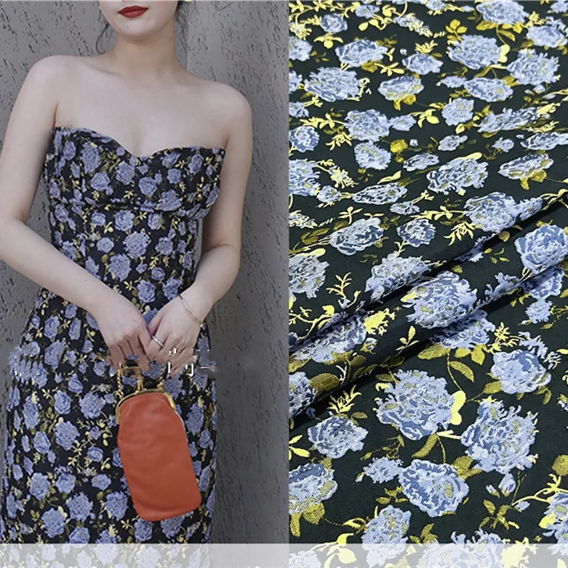 

Three-dimensional Relief Blue Flower Jacquard Dress Trench Coat Coat Fashion Brocade Sewing Designer Fabrics By The Meter Cloth
