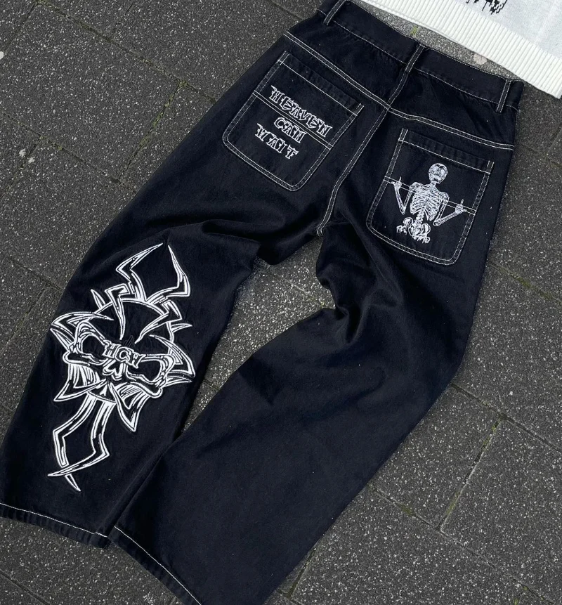 

Y2K street wear jeans skull jeans 2023 new ins fashion loose punk rock wide leg high waist mopping trousers for mens and womens