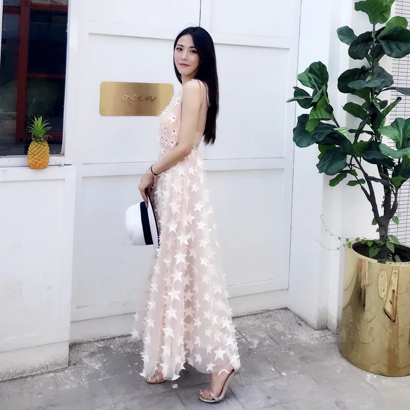 

Новый комплект, Сетчатое платье со звездами, сказочное платье принцессы, платье без рукавов на талии, праздничное пляжное платье