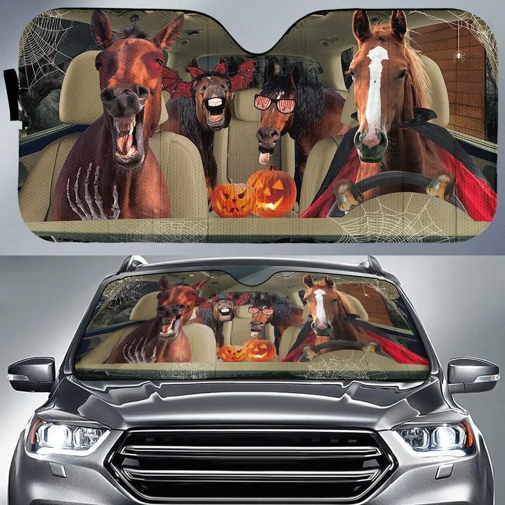 

Funny horse family halloween driving with sunglasses sunflower visor car windshield visor for UV protection