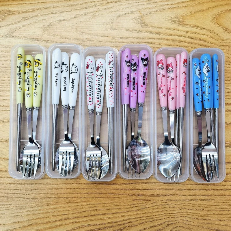 

Kawaii Sanrio Hello Kitty Cinnamoroll Kuromi Cutlery Fork Spoon Chopsticks 3Pcs Children Cute Portable Stainless Steel Tableware