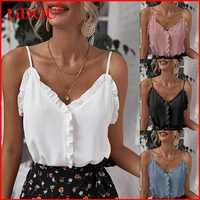 t shirt women 2022 new summer temperament sexy v neck ruffles backless pullover solid chiffon camisole top womens clothing