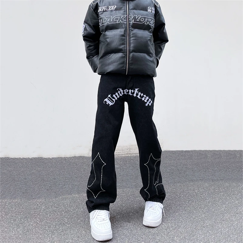 Y2K Men Jeans High Street Hip Hop Vibe Black Jeans Men and Women The Same Loose Embroidered Street Casual Pants Ins Tide Brand