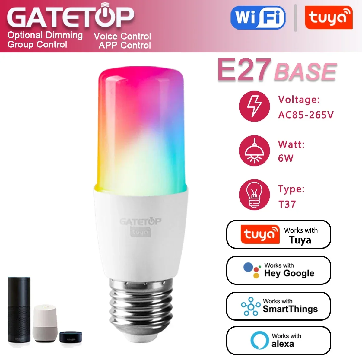 T37 E27 6 Вт Bambilla inteligente Tuya Wi-Fi/Bluetooth Led Alexa RGB 110 В 85 В-265 Para Google Assisatnt Smart Life Light с