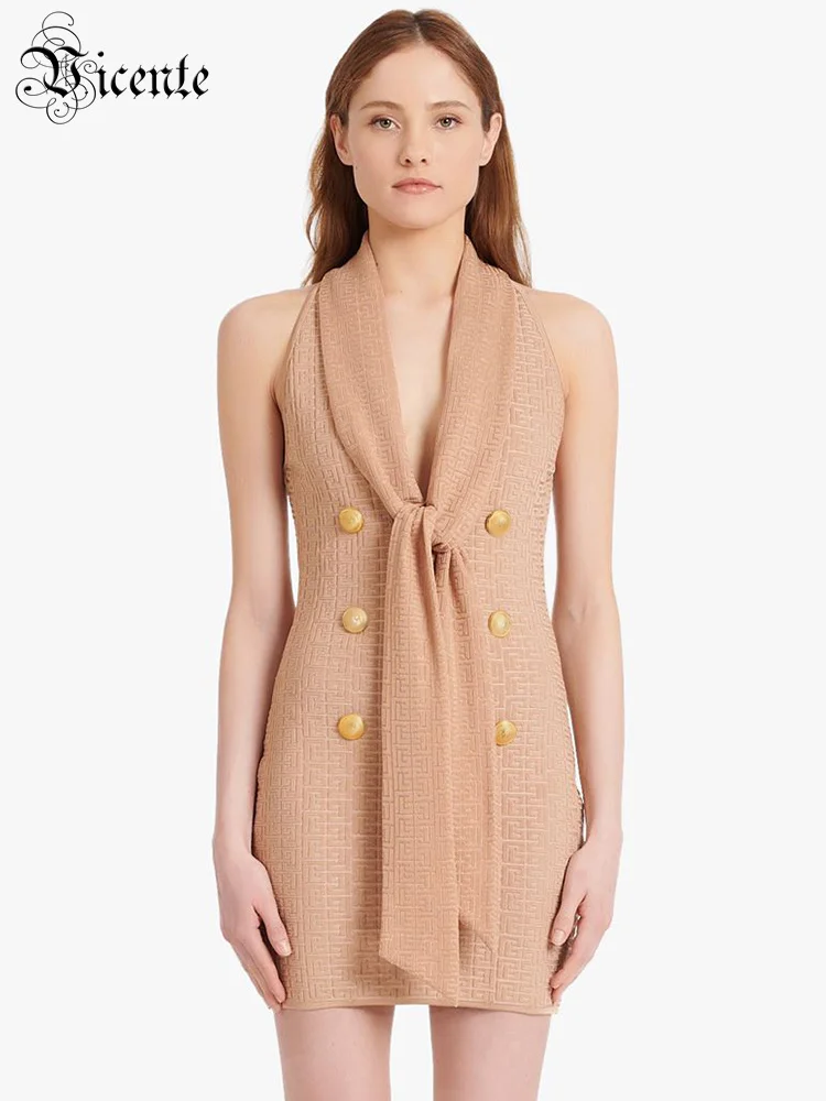 

VC Beige Bandage Dress For Women Elegant Casual Chic Shawl Collar Jauquard Design Mini Dress Summer 2022 Trendy