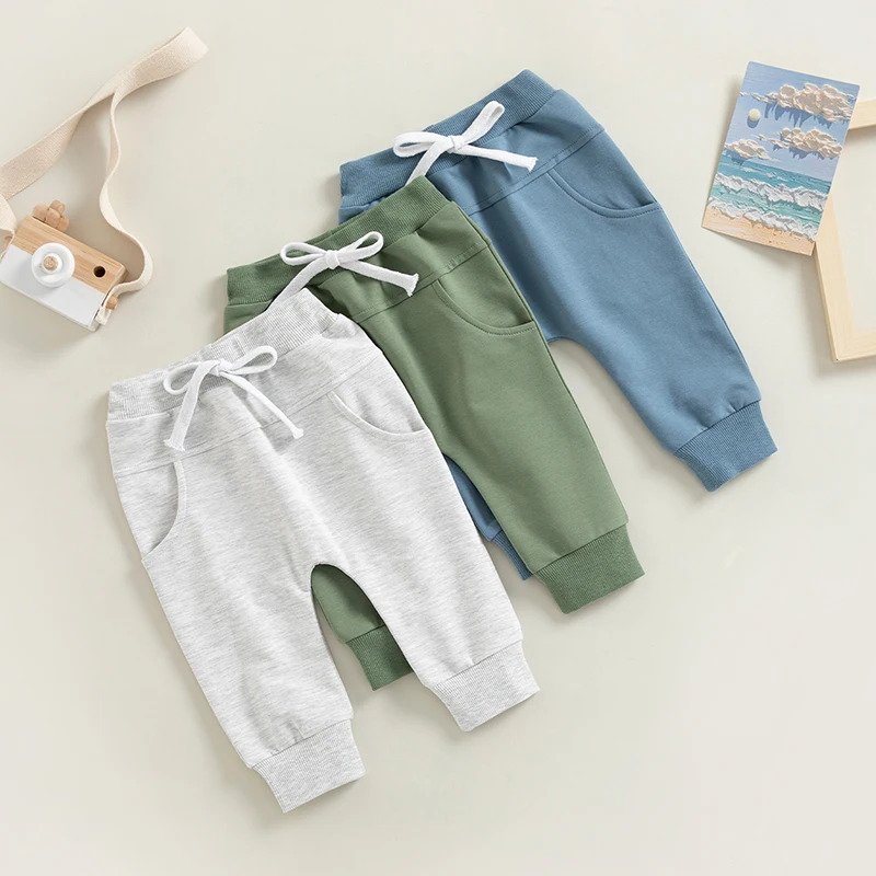 

With Drawstring Waist Pockets Fall Clothing Trousers Sweatpants Solid Spring Elastic Boys Girls Toddler Casual Baby