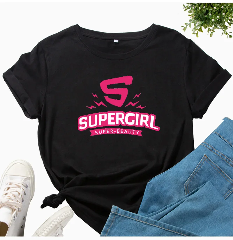 

Футболка женская с принтом Supergirl, свободная рубашка с коротким рукавом и круглым вырезом, топ, одежда