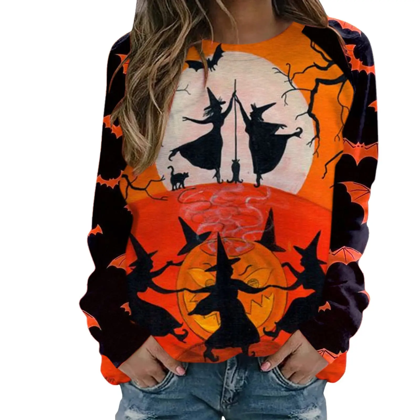 

HEZIOWYUN Women Halloween Loose Sweatshirt with Pumpkin Ghost Cat Bat Print Loose Version Long Sleeve Crew Neck Festive Costume