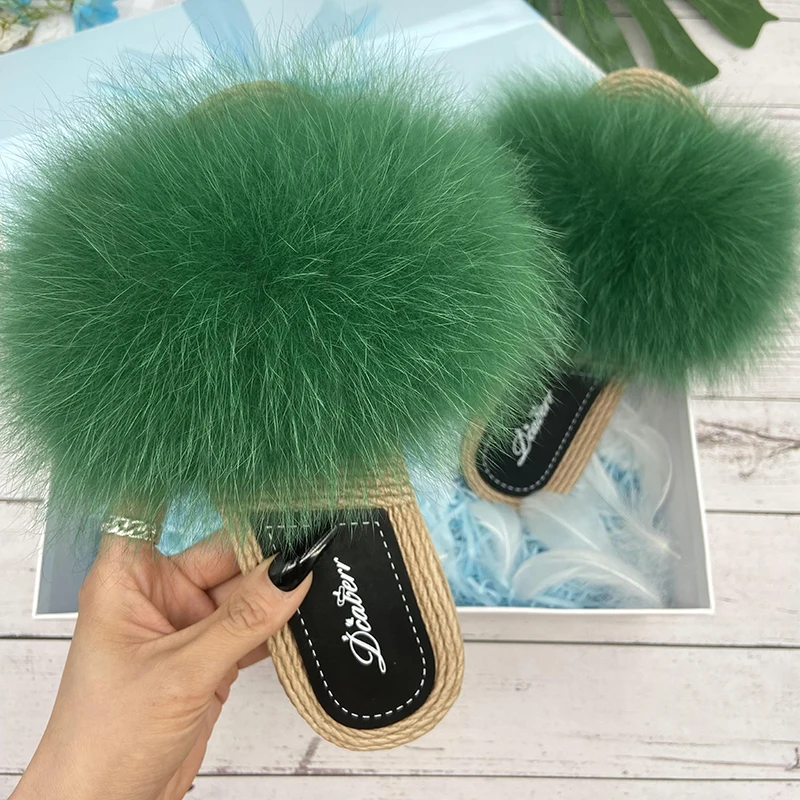 Fur Slippers Woman Flats Faux Straw Sandals Real Raccoon Fox Summer Ladies Light Flip Flops 2022 Fashion New Beach Slides |