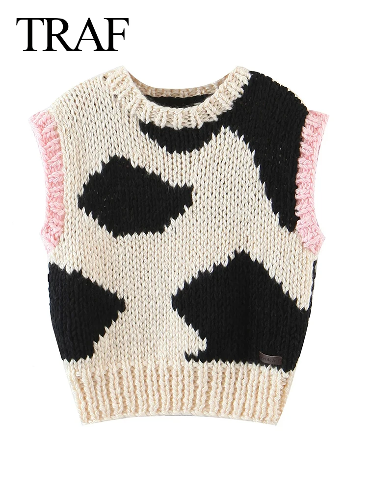 

TRAF Women's Crew Neck Sweater Sleeveless Vest Tricolor Splicing Chic Slim 2022 Fashion New Everyday Knit Tank Top Clothing