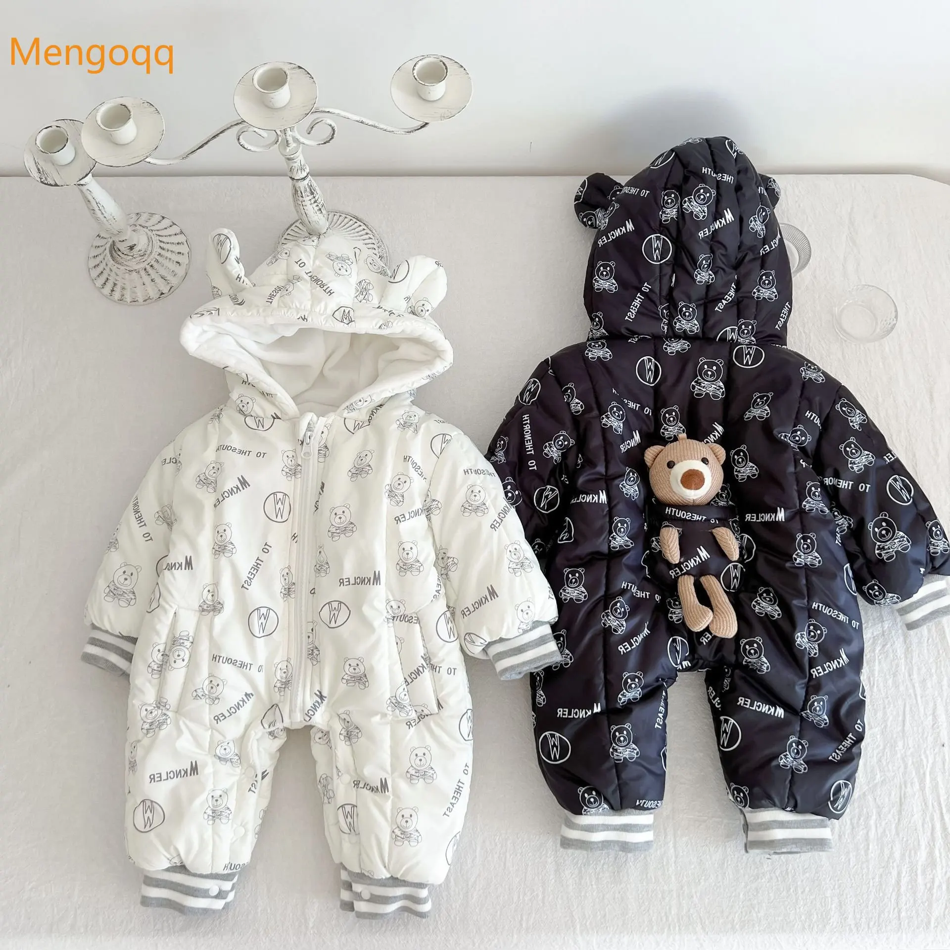 

Mengoqq Infant Girl Boys Autumn Winter Hooded Full-sleeve Thickened Zipper Cartoon Print Rabbit Ears Bear Warm Romper 0-24M
