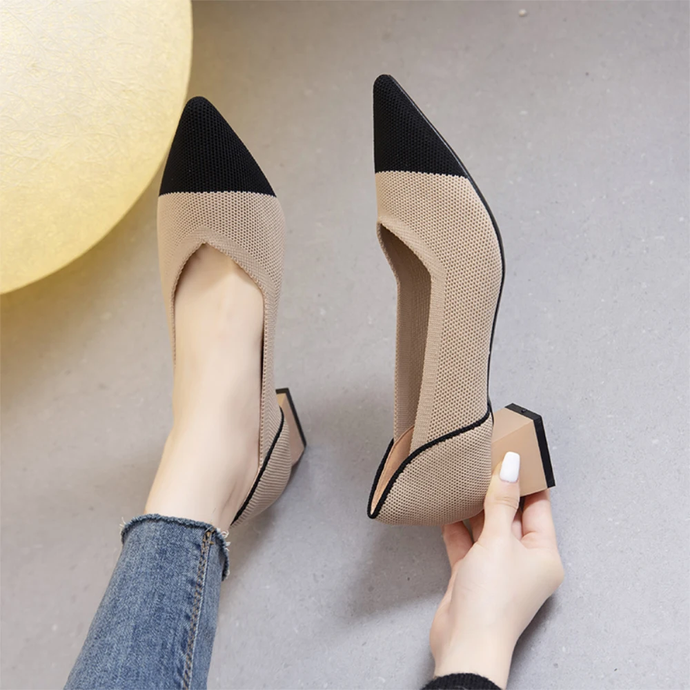 Japanese knitted single shoes 2023 new all-match breathable thick heel pointed soft sole flying knitting single shoes female