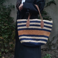 blue striped big straw totes bags for women large capacity straw woven shoulder bag summer beach weaving shopper women handbags
