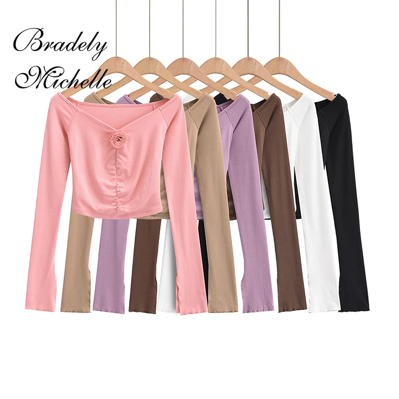 

Women's Sexy Top Summer Solid Crop Top Off Shoulder Long Sleeve T-shirt