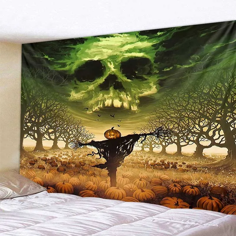 

Halloween Skull Pumpkin Lantern Tapestry Wall Hanging Haunted House Bat Horror Background Home Dorm Festive Wall Decor