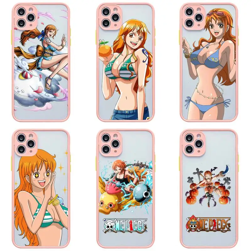 

One Piece Nami Phone Case For iphone 13 12 11 Pro Max Mini XS 8 7 Plus X SE 2020 XR Light pink Matte Transparent Cover