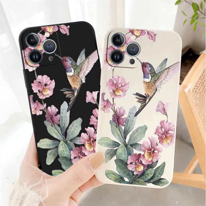 Чехол для телефона с рисованными цветами и птицами iPhone 13 15 14 11 12 Pro Max Mini X XS XR 7 8 Plus SE