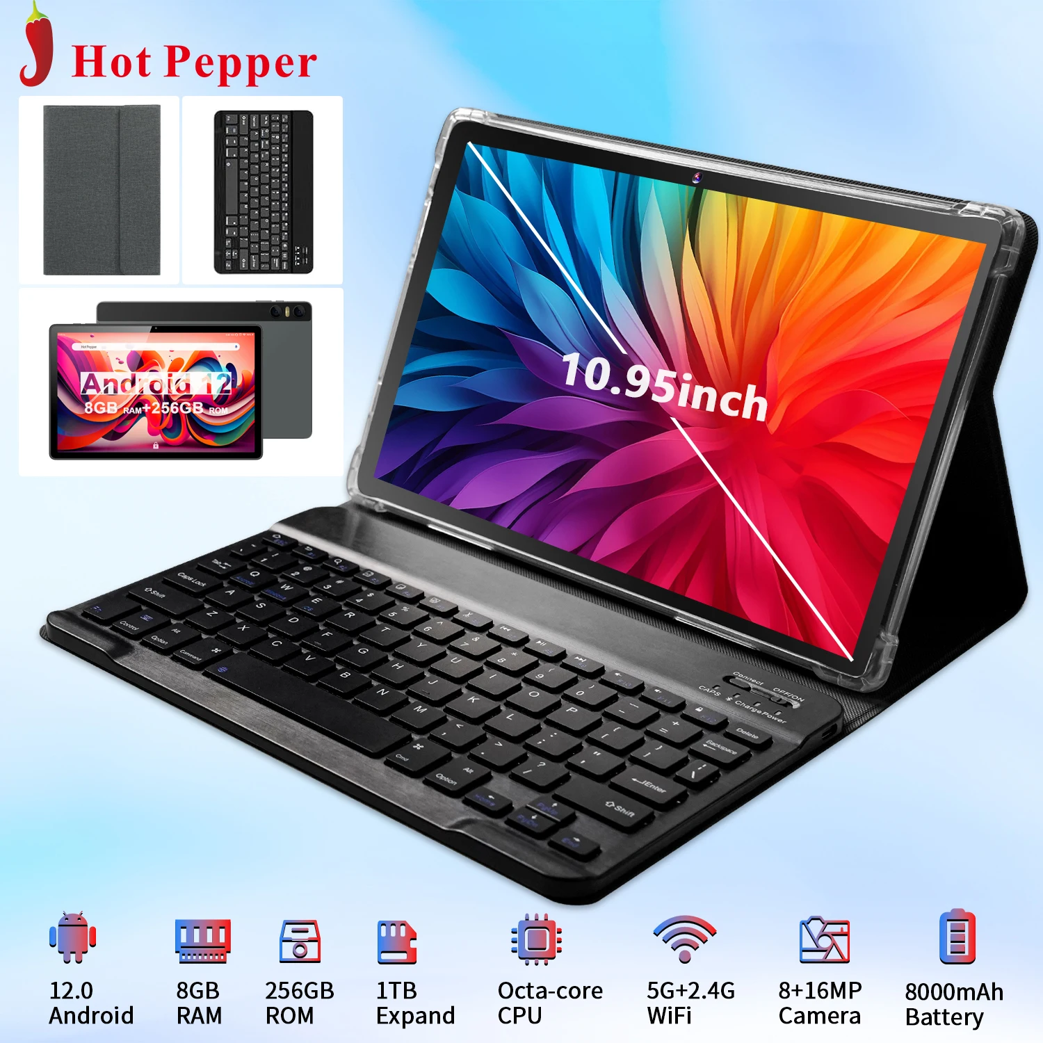 Планшет Hot Pepper 8 ГБ ОЗУ + 256 ПЗУ 10 95 дюйма 2K IPS Full HD MT8183 МП 16 8000 мАч Android 12