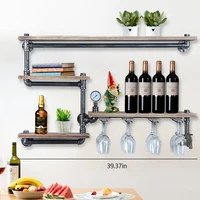 Industrial Pipe Shelf Wine Racks with 4 Stem Glass Holder 39.37in Rustic Metal Floating Bar Shelves Wall Mounted Steampunk Pipe