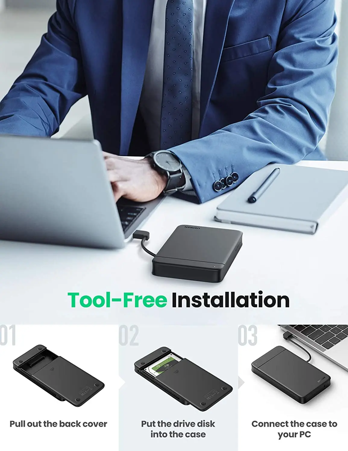 Фото Ugreen USB a Корпус внешнего жесткого диска 2,5 дюйма Быстрая скорость 5 Гбит/с Поддержка жесткого диска SATA SSD 2,5 дюйма до 14 ТБ №5
