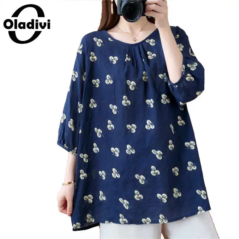 

Oladivi Oversized Women Clothing Fashion Print Cotton Linen Blouse Shirt 2022 Autumn New Ladies Casual Loose Top Tunic Blusa 4XL