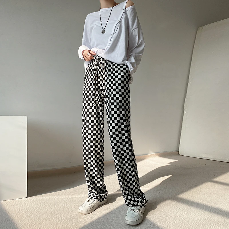 

Checkerboard wide leg pants women's new drape high waist loose straight casual black and white all-match mopping pants