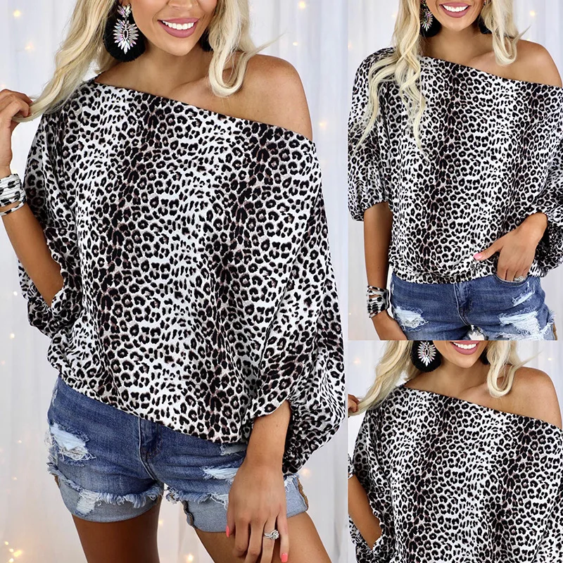 

2023 Summer New European and American Leopard Print Oblique Neck Off Shoulder Short Sleeve Casual Style T-shirt for Women