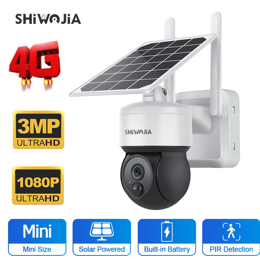 

SHIWOJIA 4G Solar Camera Security Surveillance 3MP 1080P AI PTZ Camera 4G SIM Card Outdoor Bulit-in Battery PIR Detection Kamera