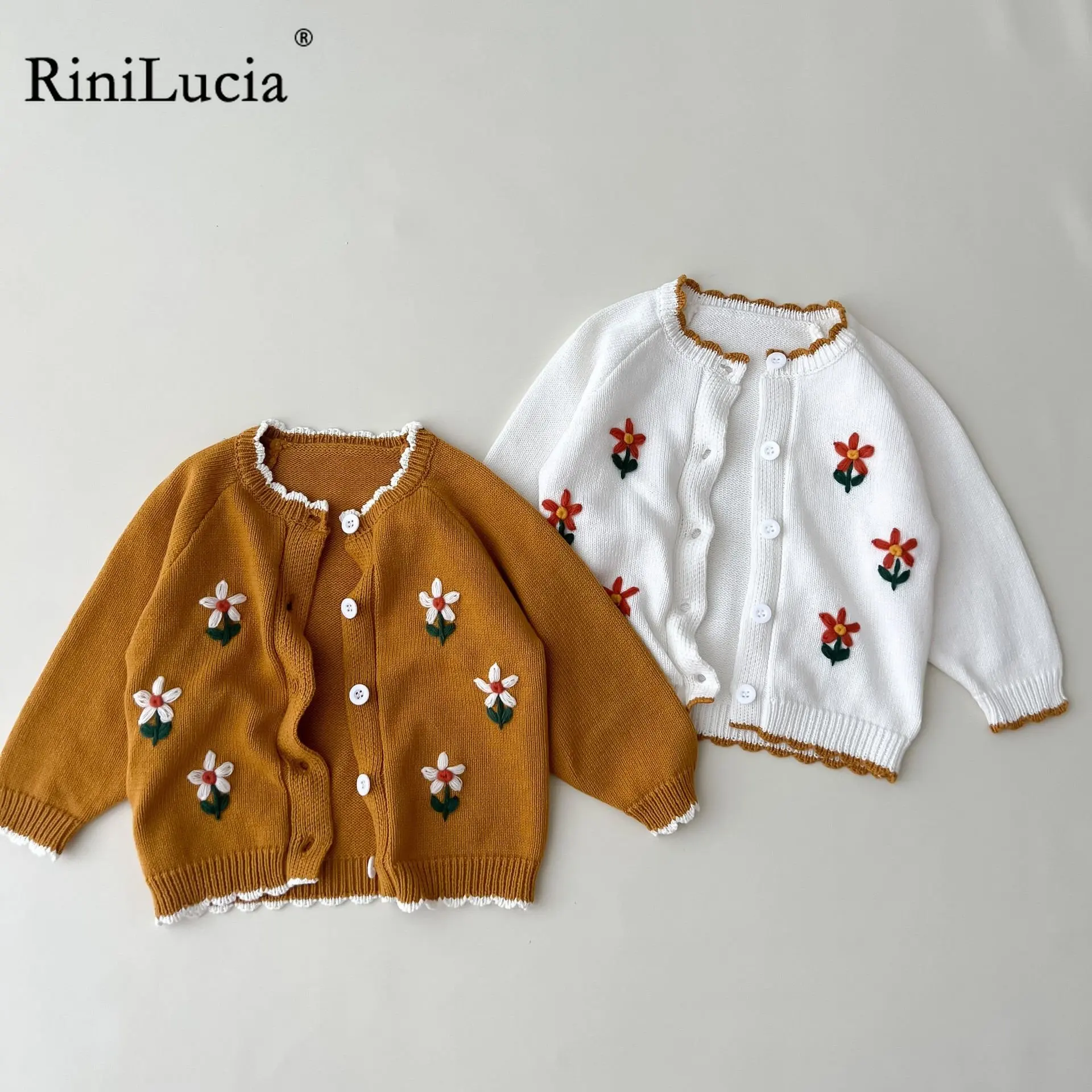 RiniLucia Infant Sweet Kids Baby Girls Cardigan Coat Autumn Baby Girls Long Sleeve Embroidery Knit Children's Cardigan Coat
