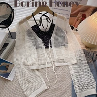 boring honey korean style halter sleeveless short tops hollow out white long sleeves cardigan two piece suit top women%e2%80%99s clothes