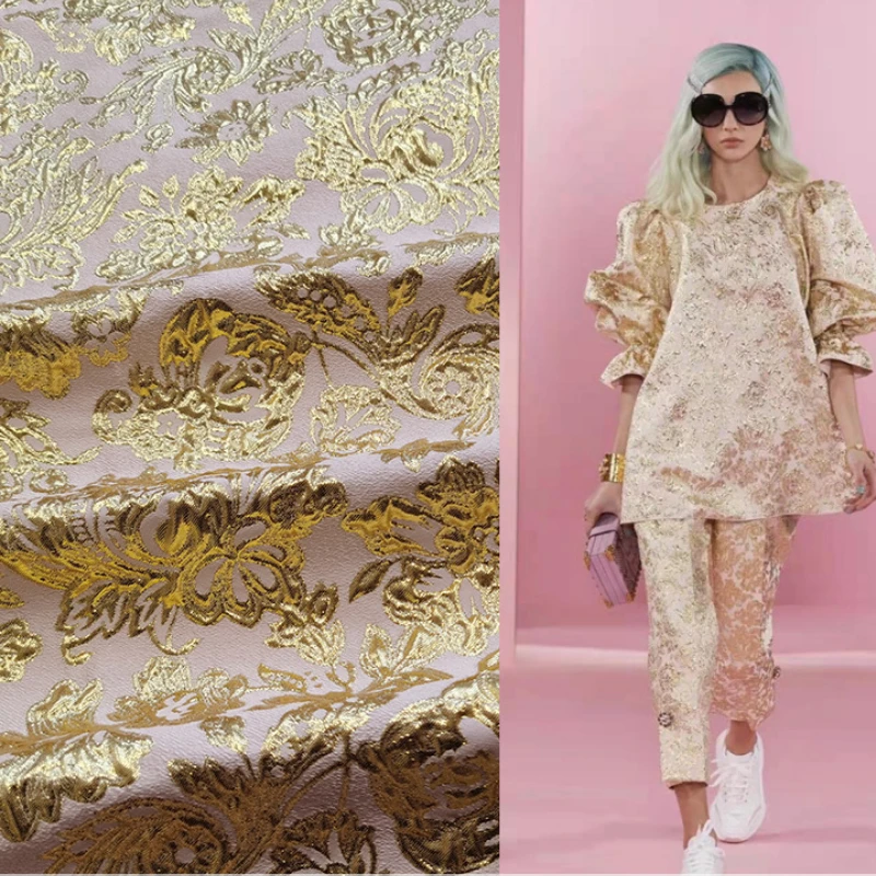 

Gold Silk Jacquard Fabric European Brand Fashion Design Suit Dress Trench Coat Dress Wholesale Cloth Sewing Material by Meter