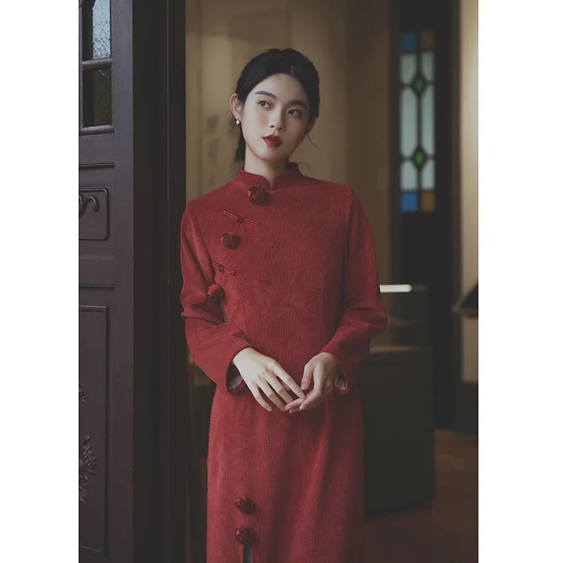 

Autumn And WinterChinese Traditional Cheongsam Dress For Women Oriental Vintage Wine Red Dresses New Year Bride Toast Clothing