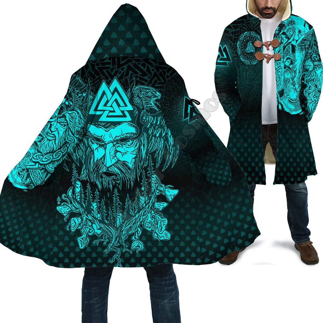 Viking Odin Raven Tattoo Style - Cyan Version Cloak 3D Printed Winter Hooded Cloaks Fleece Wind Breaker Unisex Warm Overcoat