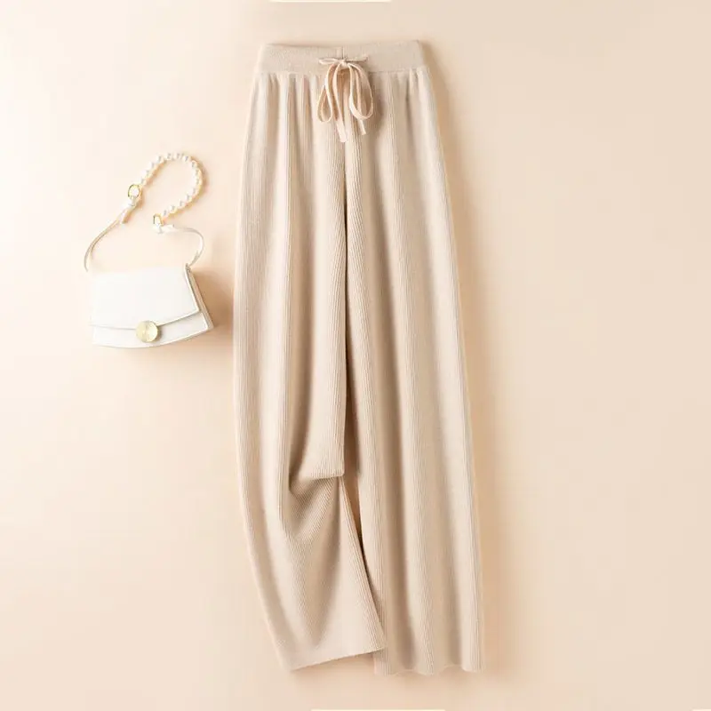 

Брюки с завышенной талией и широкими штанинами, Осень-зима, свободные вязаные прямые мешковатые брюки, корейская мода, повседневная женская одежда X48