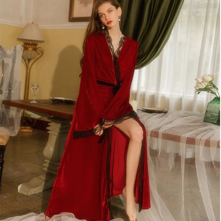 Gold Velvet Women Spring X-long Bathrobe Lace Ladies Robes With Sashes French Style Luxury V Neck Kimono Dressing Gown Female