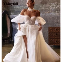 thinyfull elegant sweetheart lace flower wedding dresses a line short puff sleeves princess bridal gowns country boho robes