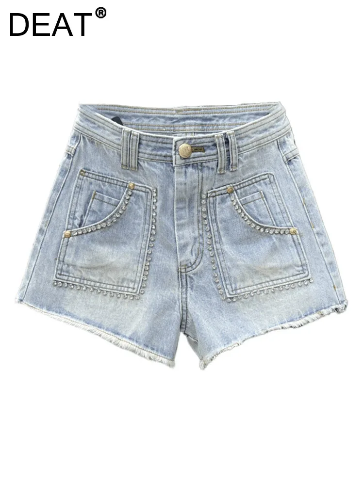 

DEAT Women's Denim Shorts Diamond Burrs High Waist Patchwork Pocket Blue Wide Leg Short Jeans 2023 Autumn New Fashion 29L963