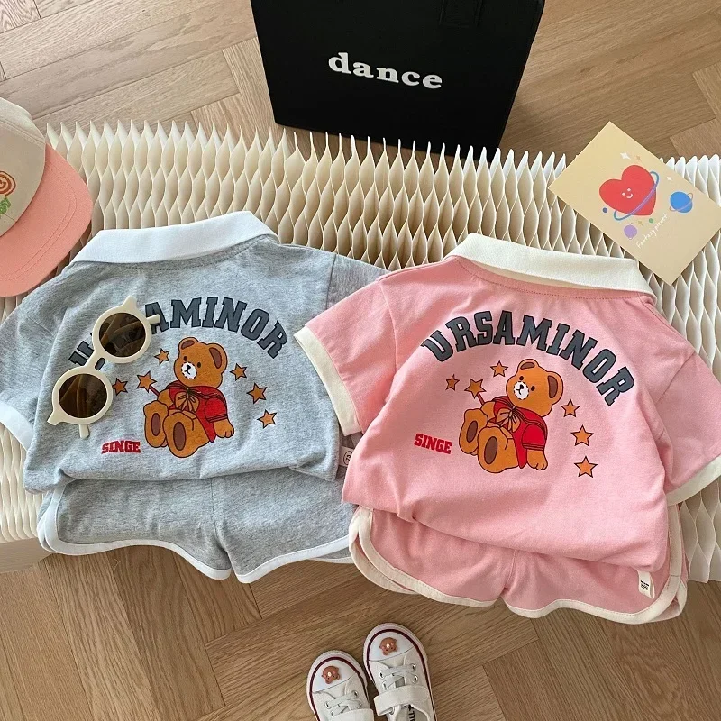 2025 Summer Children Clothes 0-6Years Kids Boy Girl Short Sleeve Cartoon Bear Pattern Shirt +Shorts Pant 2PCS Clothing Set