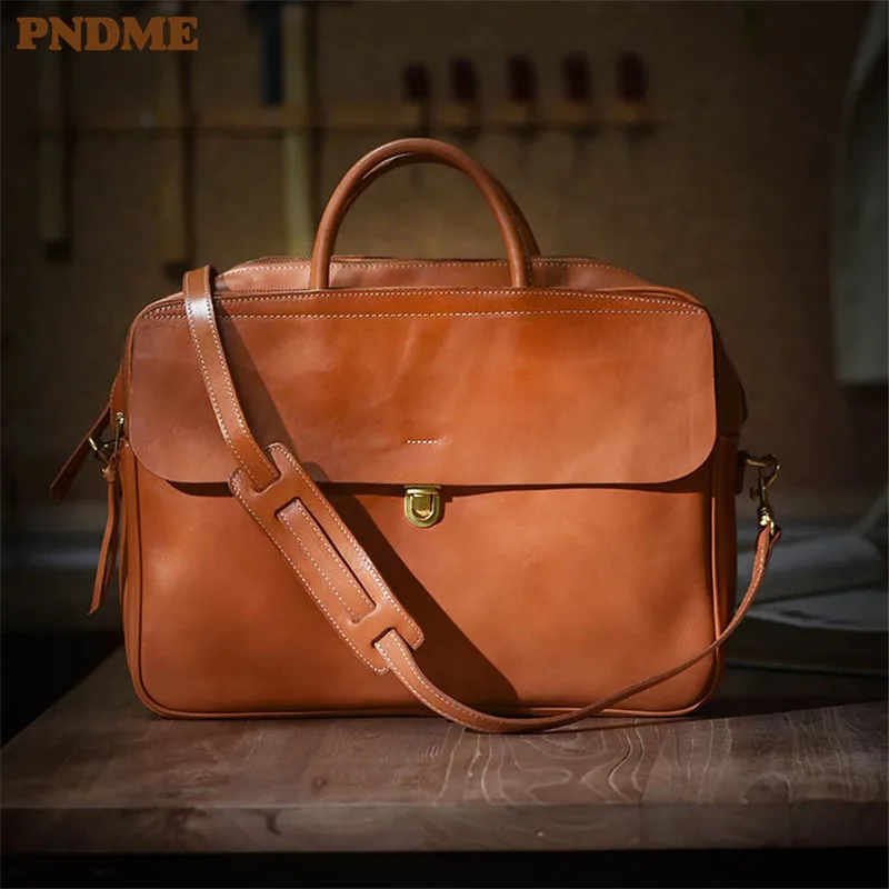 PNDME fashion vintage genuine leather men's women's briefcase business casual luxury natural real cowhide handbag messenger bag