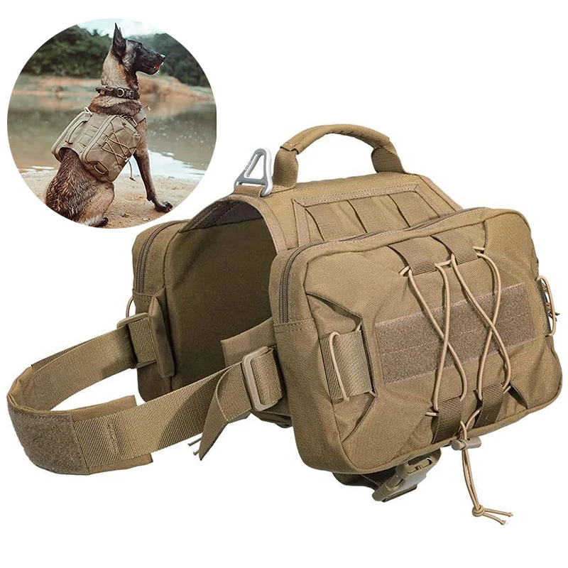 Saddle Bag Backpack Dog Harness Military Tactical Pet Metal Buckle Durable Vest Leash for Medium Large Dog Travel Camping Hiking