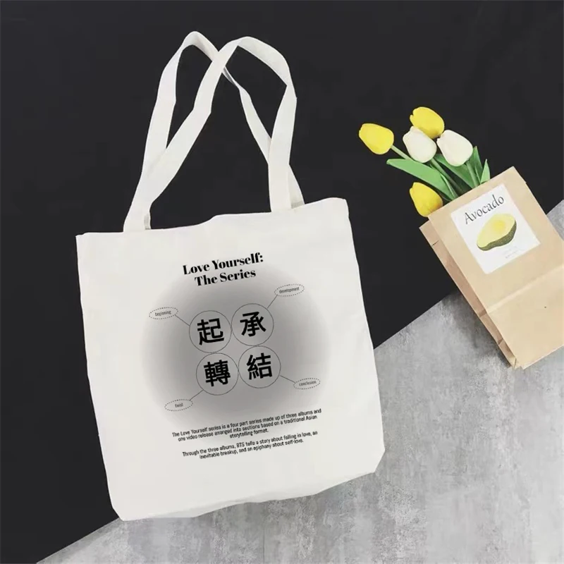 

Reusable Shopping Bag Fashion Ladies Printed Canvas Tote Bag Cartoon Letter Bag Simple Large Capacity White Shopping Shoulder Ba