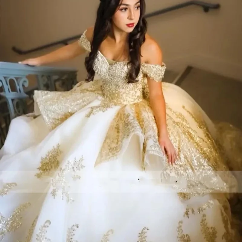 ANGELSBRIDEP платье принцессы Quinceanera цвета шампанского золотого с открытыми плечами