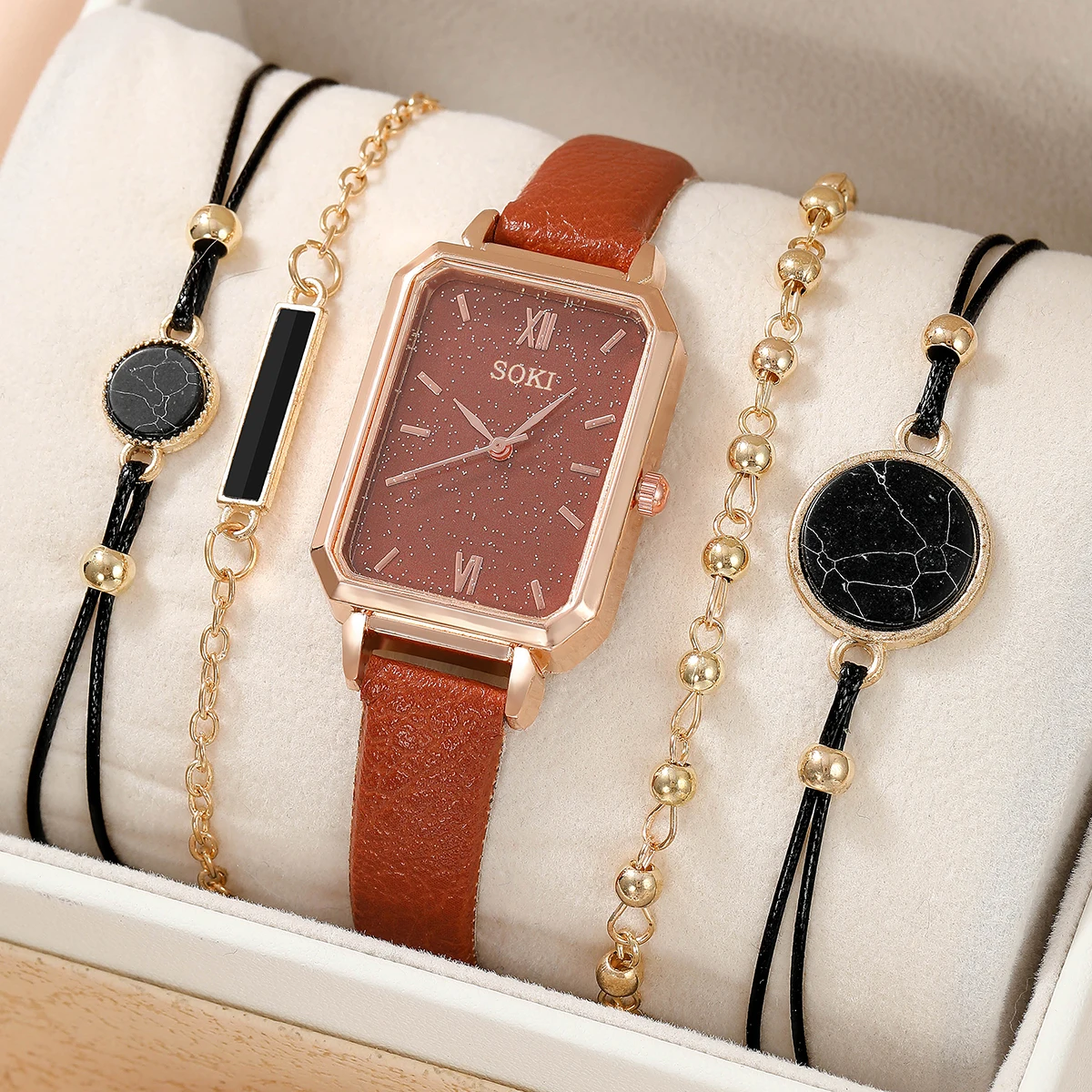 Elegant Women's Square Quartz WristWatch Vintage Premium Leather Watch with Beautiful Bracelet 4 Pieces