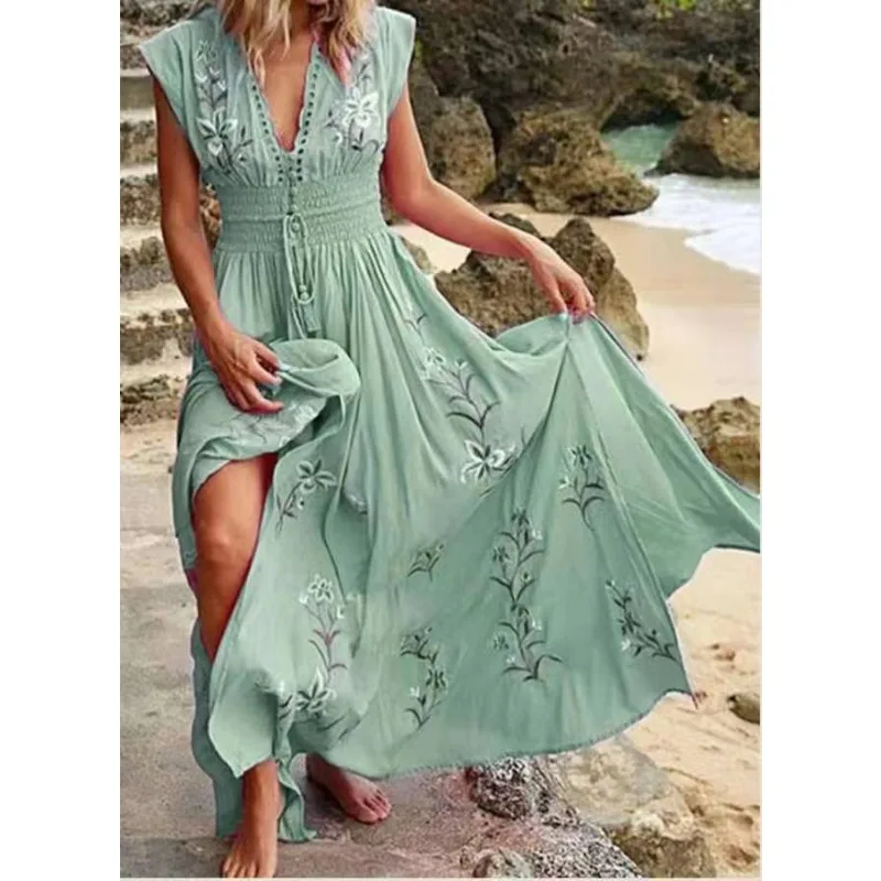 

Women's Deep V-neck French Beach Bohemian Pattern Dress